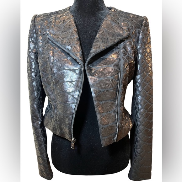BCBGMaxAzria Jackets & Blazers - BCBGMAXAZRIA HP 💜🎊 Black Sequin Structured Moto Jacket Blazer Sexy Size XXS $289